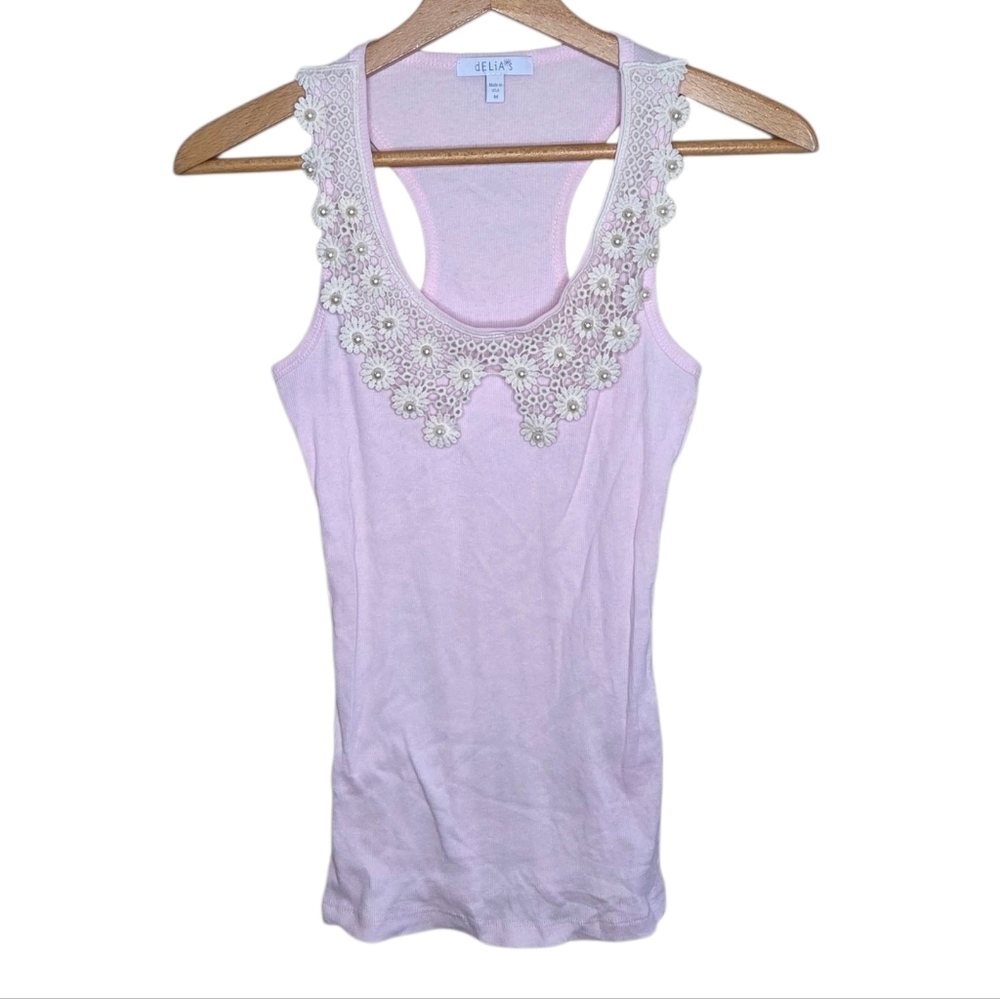 Y2K Delia's Ribbed Light Pink Racerback Tank Top Crochet Flowers Faux Pearls